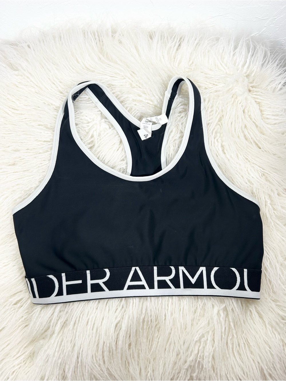 Under Armour HeatGear Mid Crossback Sports Bra Black White Wordmark Band M